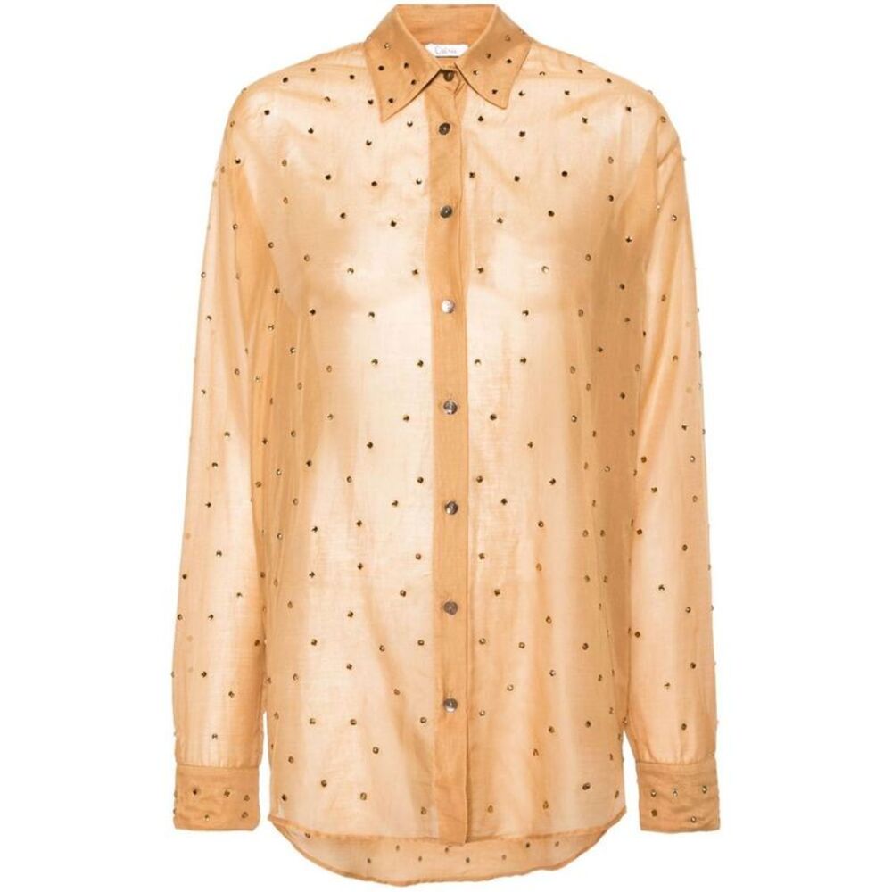 OSEREE Embellished Sheer Button-Up Shirt Women SANDSTONE Shirts